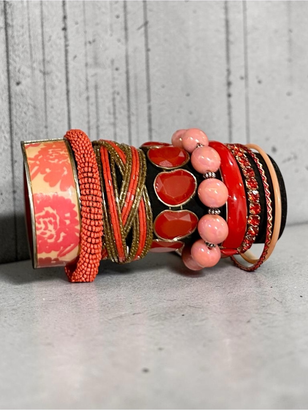 Boho Beaded Stackable Bracelet Set Red Coral Pink Floral Cuff Bangle Lot - Picture 6 of 8